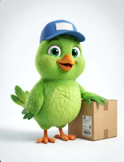 Passarinho verde ao lado de uma caixa — capa de Mascotes e Personagens